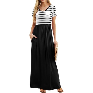 image:imageGRECERELLE Women Summer Casual Maxi Long Dress Short Sleeve Crew Neck with Pockets Size S3XLWhite Striped