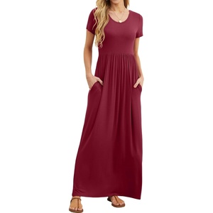 image:imageGRECERELLE Women Summer Casual Maxi Long Dress Short Sleeve Crew Neck with Pockets Size S3XLWine Red