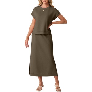 image:imageGRECERELLE Women Summer Casual WrinkleFree 2 Piece Sets Round Neck Top amp Elastic Waist Maxi Side Slit Skirt with PocketsArmy Green