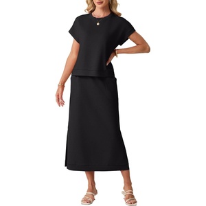 image:imageGRECERELLE Women Summer Casual WrinkleFree 2 Piece Sets Round Neck Top amp Elastic Waist Maxi Side Slit Skirt with PocketsBlack