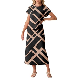 image:imageGRECERELLE Women Summer Casual WrinkleFree 2 Piece Sets Round Neck Top amp Elastic Waist Maxi Side Slit Skirt with PocketsBlack Rectangle