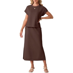 image:imageGRECERELLE Women Summer Casual WrinkleFree 2 Piece Sets Round Neck Top amp Elastic Waist Maxi Side Slit Skirt with PocketsDark Coffee