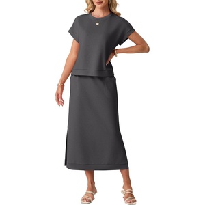 image:imageGRECERELLE Women Summer Casual WrinkleFree 2 Piece Sets Round Neck Top amp Elastic Waist Maxi Side Slit Skirt with PocketsDark Gray