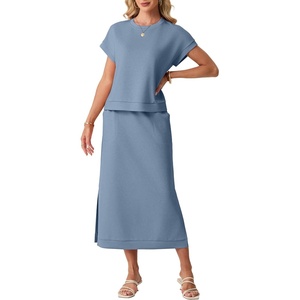 image:imageGRECERELLE Women Summer Casual WrinkleFree 2 Piece Sets Round Neck Top amp Elastic Waist Maxi Side Slit Skirt with PocketsDenim Blue