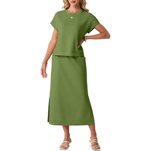 image:imageGRECERELLE Women Summer Casual WrinkleFree 2 Piece Sets Round Neck Top amp Elastic Waist Maxi Side Slit Skirt with PocketsDill Green