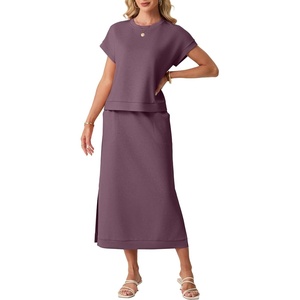 image:imageGRECERELLE Women Summer Casual WrinkleFree 2 Piece Sets Round Neck Top amp Elastic Waist Maxi Side Slit Skirt with PocketsRosewood