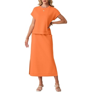 image:imageGRECERELLE Women Summer Casual WrinkleFree 2 Piece Sets Round Neck Top amp Elastic Waist Maxi Side Slit Skirt with PocketsVibrant Orange