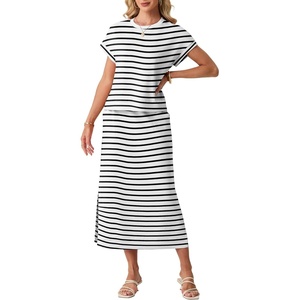 image:imageGRECERELLE Women Summer Casual WrinkleFree 2 Piece Sets Round Neck Top amp Elastic Waist Maxi Side Slit Skirt with PocketsWhite Black Stripe