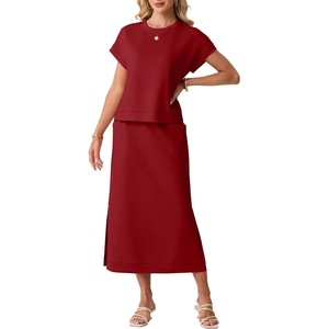 image:imageGRECERELLE Women Summer Casual WrinkleFree 2 Piece Sets Round Neck Top amp Elastic Waist Maxi Side Slit Skirt with PocketsWine Red