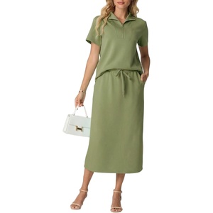 image:imageGRECERELLE Womens 2 Piece Casual Summer Set Half Zip Short Sleeve Top amp Back Slit Maxi Skirt with Pockets For VacationAvocado Green