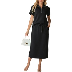 image:imageGRECERELLE Womens 2 Piece Casual Summer Set Half Zip Short Sleeve Top amp Back Slit Maxi Skirt with Pockets For VacationBlack