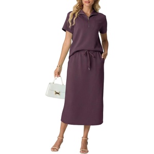 image:imageGRECERELLE Womens 2 Piece Casual Summer Set Half Zip Short Sleeve Top amp Back Slit Maxi Skirt with Pockets For VacationRosewood