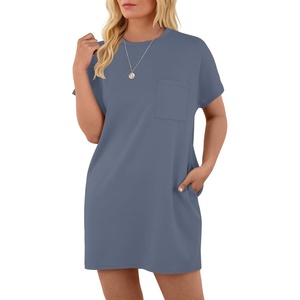 image:imageGRECERELLE Womens 2025 Casual Summer Shirt Dress Loose Round Neck Mini WrinkleFree Sundress with PocketDenim Blue