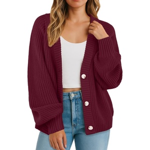 image:imageGRECERELLE Womens 2026 Fall Chunky Knit Cardigan SweaterWine Red