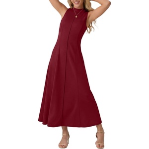 image:imageGRECERELLE Womens 2026 Spring Summer Casual Mock Neck Sleeveless Flared Maxi Dress with Pockets XS  3XLRed