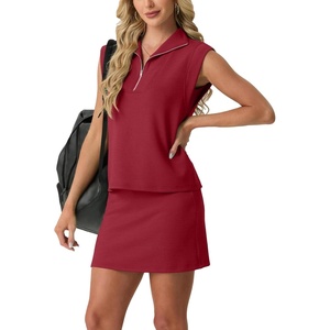 image:imageGRECERELLE Womens 2026 Summer 2 Piece Skort Sets Cap Sleeve Zip Collared Top Matching Tennis Skirt with Pockets for AthleticWine Red