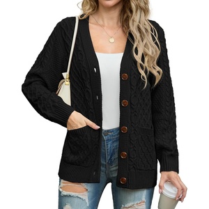 image:imageGRECERELLE Womens Cable Chunky Knit Cardigan Sweater with PocketsAblack
