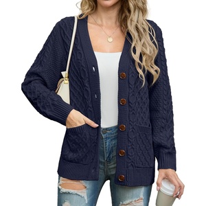 image:imageGRECERELLE Womens Cable Chunky Knit Cardigan Sweater with PocketsAnavy Blue