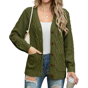 image:imageGRECERELLE Womens Cable Chunky Knit Cardigan Sweater with PocketsArmy Green