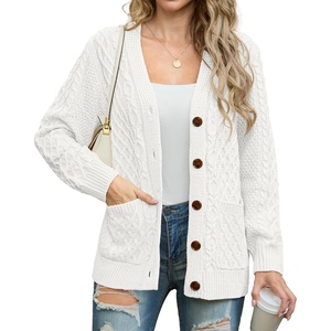 image:imageGRECERELLE Womens Cable Chunky Knit Cardigan Sweater with PocketsAwhite