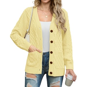 image:imageGRECERELLE Womens Cable Chunky Knit Cardigan Sweater with PocketsButter Yellow