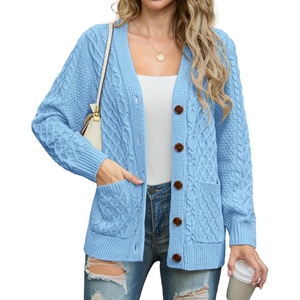 image:imageGRECERELLE Womens Cable Chunky Knit Cardigan Sweater with PocketsLight Blue