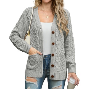 image:imageGRECERELLE Womens Cable Chunky Knit Cardigan Sweater with PocketsLight Grey