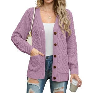 image:imageGRECERELLE Womens Cable Chunky Knit Cardigan Sweater with PocketsLight Purple