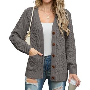 image:imageGRECERELLE Womens Cable Chunky Knit Cardigan Sweater with PocketsPencil Gray