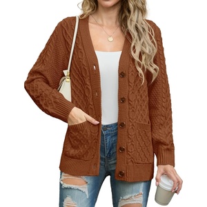 image:imageGRECERELLE Womens Cable Chunky Knit Cardigan Sweater with PocketsPumpkin