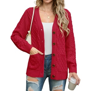 image:imageGRECERELLE Womens Cable Chunky Knit Cardigan Sweater with PocketsRed