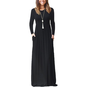 image:imageGRECERELLE Womens Casual Long Sleeve Maxi Dresses with Pockets Crew Neck Soft Stretchy Flowy Fall Dress for Work ChurchAblack