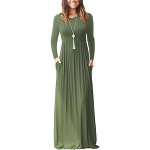 image:imageGRECERELLE Womens Casual Long Sleeve Maxi Dresses with Pockets Crew Neck Soft Stretchy Flowy Fall Dress for Work ChurchArmy Green
