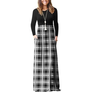 image:imageGRECERELLE Womens Casual Long Sleeve Maxi Dresses with Pockets Crew Neck Soft Stretchy Flowy Fall Dress for Work ChurchBlack White Plaid