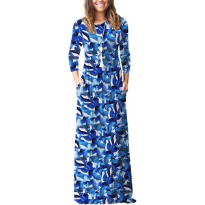 image:imageGRECERELLE Womens Casual Long Sleeve Maxi Dresses with Pockets Crew Neck Soft Stretchy Flowy Fall Dress for Work ChurchBlue Ink White