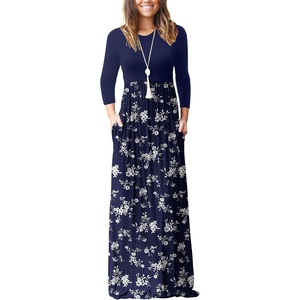 image:imageGRECERELLE Womens Casual Long Sleeve Maxi Dresses with Pockets Crew Neck Soft Stretchy Flowy Fall Dress for Work ChurchBlue Small Flower