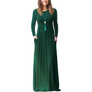 image:imageGRECERELLE Womens Casual Long Sleeve Maxi Dresses with Pockets Crew Neck Soft Stretchy Flowy Fall Dress for Work ChurchDark Green