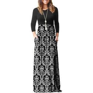 image:imageGRECERELLE Womens Casual Long Sleeve Maxi Dresses with Pockets Crew Neck Soft Stretchy Flowy Fall Dress for Work ChurchFlowers Black White