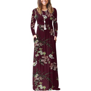image:imageGRECERELLE Womens Casual Long Sleeve Maxi Dresses with Pockets Crew Neck Soft Stretchy Flowy Fall Dress for Work ChurchFlowers Wine Red