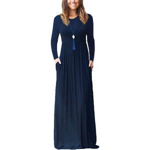 image:imageGRECERELLE Womens Casual Long Sleeve Maxi Dresses with Pockets Crew Neck Soft Stretchy Flowy Fall Dress for Work ChurchNavy Blue