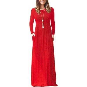 image:imageGRECERELLE Womens Casual Long Sleeve Maxi Dresses with Pockets Crew Neck Soft Stretchy Flowy Fall Dress for Work ChurchRed