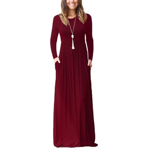 image:imageGRECERELLE Womens Casual Long Sleeve Maxi Dresses with Pockets Crew Neck Soft Stretchy Flowy Fall Dress for Work ChurchWine Red
