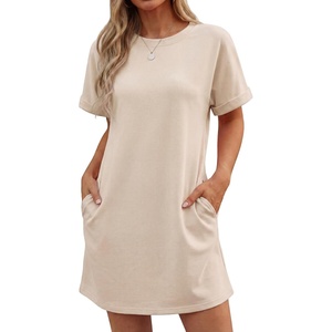 image:imageGRECERELLE Womens Casual TShirt Dress with Pockets Short Sleeve Shift Dresses WrinkleResistant Above Knee LengthApricot White