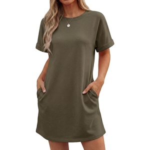 image:imageGRECERELLE Womens Casual TShirt Dress with Pockets Short Sleeve Shift Dresses WrinkleResistant Above Knee LengthArmy Green