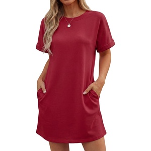 image:imageGRECERELLE Womens Casual TShirt Dress with Pockets Short Sleeve Shift Dresses WrinkleResistant Above Knee LengthBurgundy
