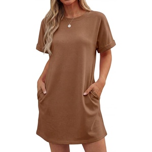 image:imageGRECERELLE Womens Casual TShirt Dress with Pockets Short Sleeve Shift Dresses WrinkleResistant Above Knee LengthCamel