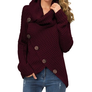 image:imageGRECERELLE Womens Fall Chunky Turtleneck Long Sleeve Asymmetric Hem Loose Knit Pullover Sweaters Tops S2XL05 Wine Red