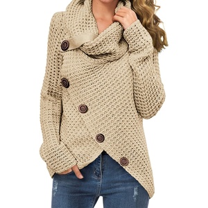 image:imageGRECERELLE Womens Fall Chunky Turtleneck Long Sleeve Asymmetric Hem Loose Knit Pullover Sweaters Tops S2XLAkhaki