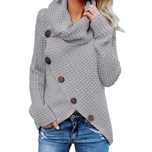 image:imageGRECERELLE Womens Fall Chunky Turtleneck Long Sleeve Asymmetric Hem Loose Knit Pullover Sweaters Tops S2XLGray