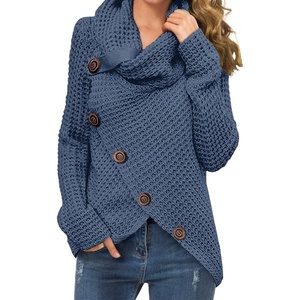 image:imageGRECERELLE Womens Fall Chunky Turtleneck Long Sleeve Asymmetric Hem Loose Knit Pullover Sweaters Tops S2XLIndigo